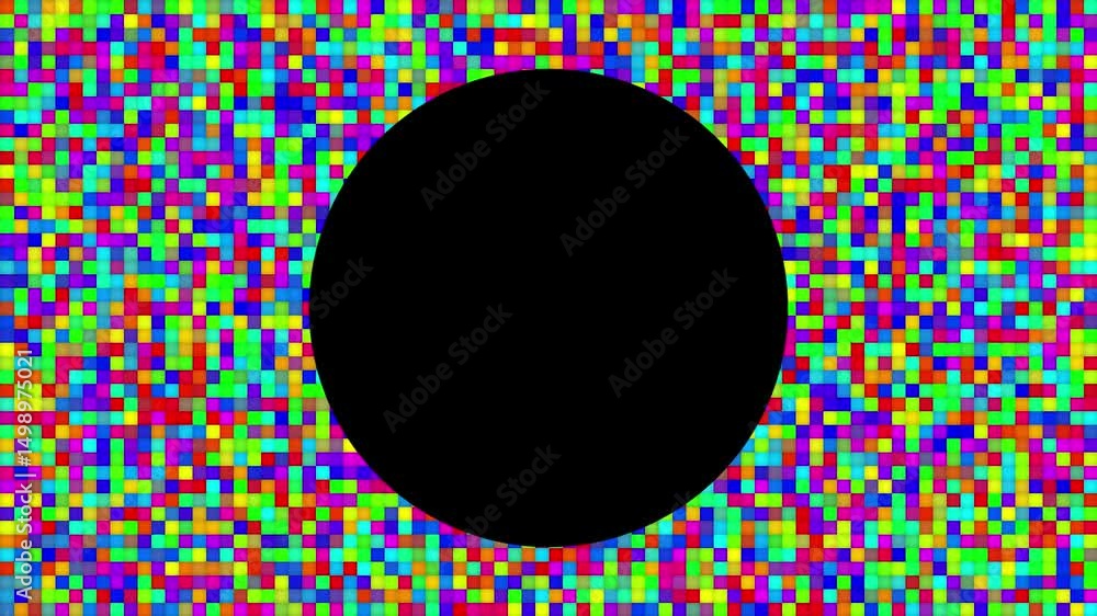 Poster Hi tech motion graphic background, multicolor flickering pixel squares with a 4k circular frame at the center for custom videos