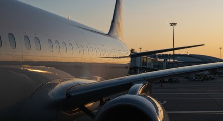 Close up of an airplane parked at a gate on the tarmac during golden hour at the airport for travel and transport concept.