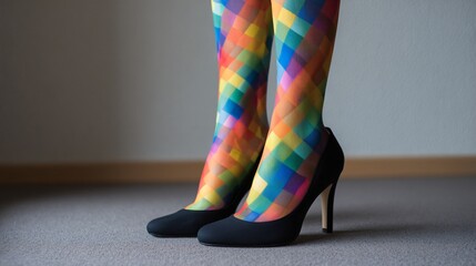 Rainbow patterned tights with simple black heels, side view with neutral backdrop