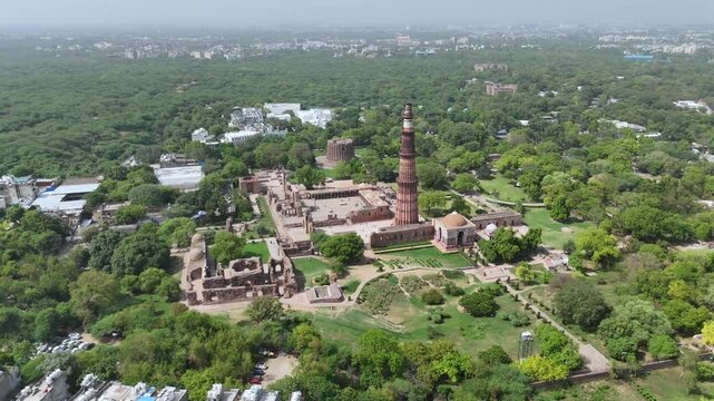 An Aerial Shot of Qutub Minar at Mehrauli, New Delhi, India
