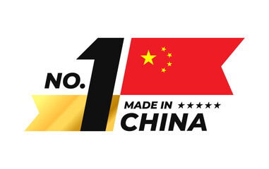 Number 1 made in China sign badge vector design. Label with Chinese flag and stars symbol in the form of a gold ribbon