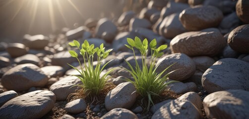 Delicate plant sprouts through rough stones, bathed in sunlight ,  plant,  wildflower