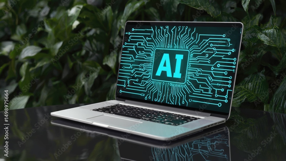 Aufkleber ai-powered laptop: an illustrative image showing a modern laptop displaying the symbol ai over a net