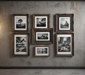 Multiple frame sizes, textured wall, gallery style display,  size variation,  frames display,  background texture