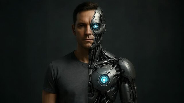 Man with robotic arm and face half-human, half-cyborg in dark background  