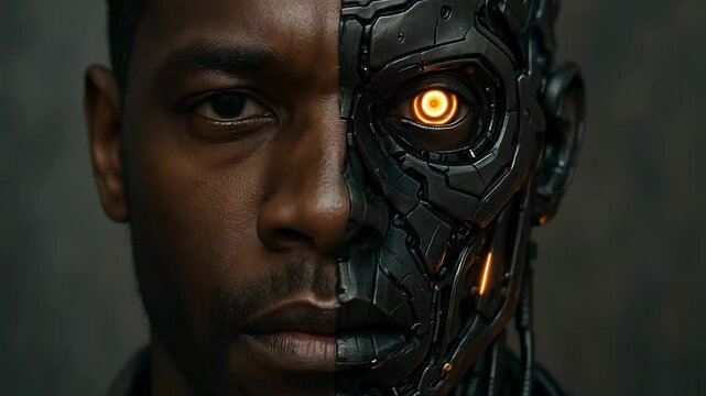 Human and robotic face split showing normal flesh and machinery  