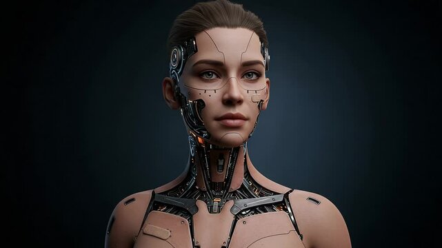Human and robotic woman with integrated circuitry in dark background  