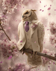 A wise-looking owl wearing a tailored cream suit, combining wisdom and style in a fashionable, sophisticated look