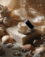 An elevated aesthetic composition of a pearlescent item, placed in a refined setting that exudes minimalist beauty