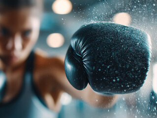 Close up of black boxing glove punching forward with sweat droplets flying, showing intense focus and power in gym setting