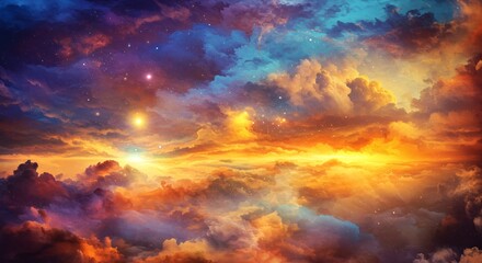 Ethereal dreamscape of vibrant clouds illuminated by celestial light and scattered stars, creating an otherworldly atmosphere