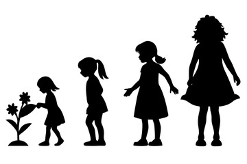 Black and White Minimalist Digital Illustration Featuring Silhouette Girls and Cute Child Figures with Simple Character Design in Clean and Modern Style