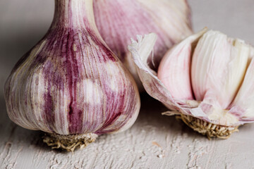 Fresh garlic bulbs on rustic white background