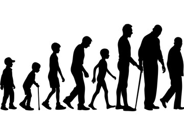 Obraz premium Minimalist Black and White Vector Illustration Depicting Human Evolution and Development Through Abstract Silhouettes, Conceptual Representation of Human Growth and Lifecycle