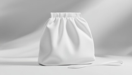 A pristine white drawstring bag sits on a minimalist, light grey background, subtly illuminated by soft shadows.  The bag's fabric appears smooth and slightly gathered at the top.