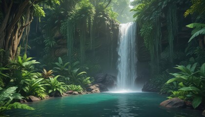Emerald waterfall cascades through vibrant tropical foliage ,  paradise,  fresh