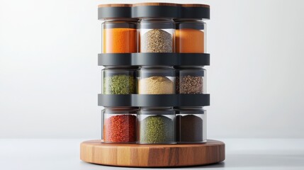 A stylish spice rack displaying various colorful spices in glass jars on a wooden base