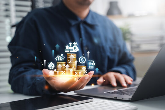Finance and investment concept, invest money, raise funds, return on investment, interest rate and dividend concept, businessman calculating income and return on investment in percentage.