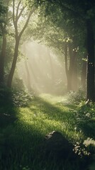 Obraz premium A serene forest path illuminated by soft sunlight, inviting exploration and tranquility.