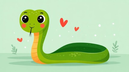 Fototapeta premium Kawaii Green Snake with Big Eyes Surrounded by Hearts in a Playful Atmosphere