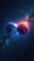 Obraz premium Two celestial bodies, mirroring each other, shine brightly in the night sky, representing a cosmic duality A stunning visual of astral symmetry and twin constellations , symmetry, celestial