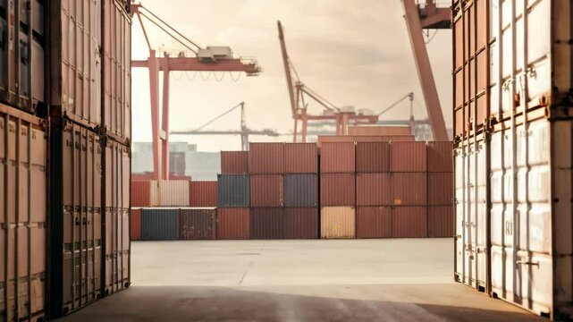 Stacks of colorful shipping containers at an industrial port, framed by containers and large cranes in the background.