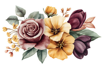 Watercolor floral bouquet with roses and pansies in warm yellow and burgundy tones isolated on transparent background