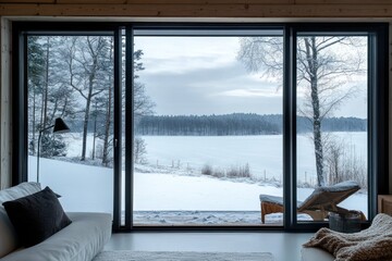 Winter lakefront living room
