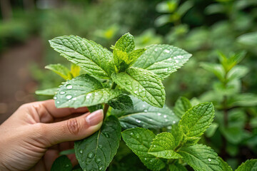 Hand holding perfectly picked mint leaves with dew drops. Organic farming and fresh produce.