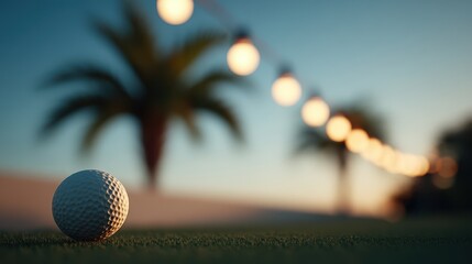 Nighttime golf party with kids enjoying warm fairy lights and vibrant atmosphere for fun activities. Family Golf Month