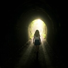 Woman Walking Towards Light at Tunnel End