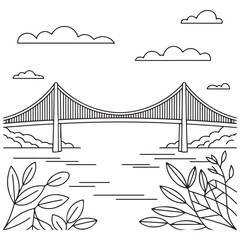 Bridge Over Water with Wooden Path Leading Toward It - Line Art for Landscape and Infrastructure