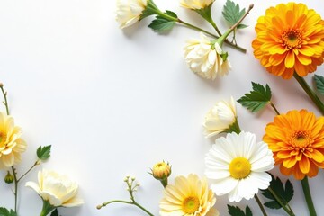 Obraz premium Delicate marigold & white floral arrangement on white , photography, vivid