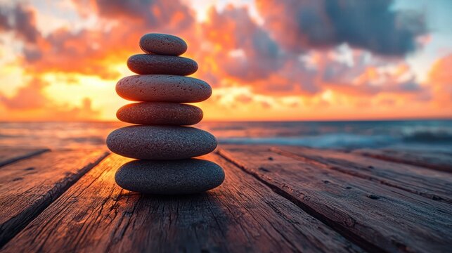 Stacked stones on wooden dock at sunset