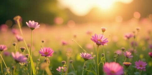 Fototapeta premium Delicate pink flower field, sunlit, HD texture, wildflowers, light