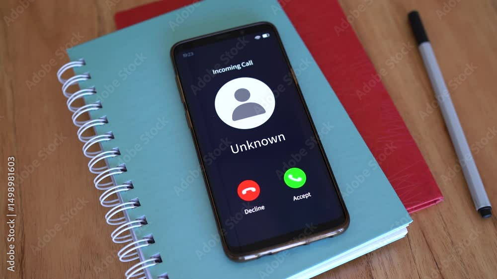 Aufkleber incoming call from unknown number. concept of getting calls on privacy mode.