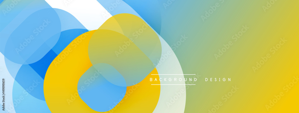 Poster Abstract background features overlapping circles, gradients. Colors include blue, yellow, white. Modern design element for various projects.