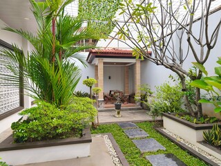 A garden or park in the back of the house. It seems that many green plants grow inside the house to create a natural and cool decoration. 