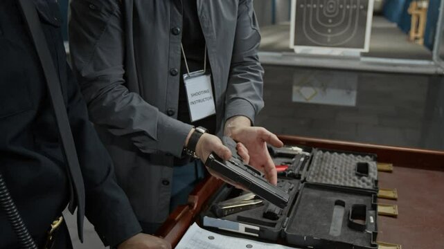 Medium tilt-up of Caucasian male shooting instructor demonstrating black male security officer how to load magazine with bullets into gun, explaining constructive features and action during training