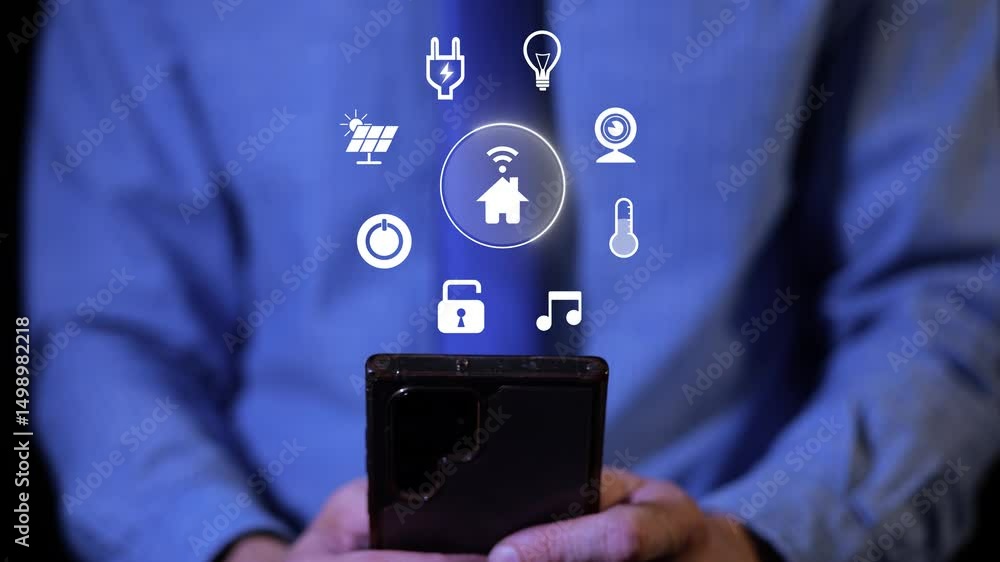 Poster hands using smartphone displaying smart home control interface with various icons. home automation. 