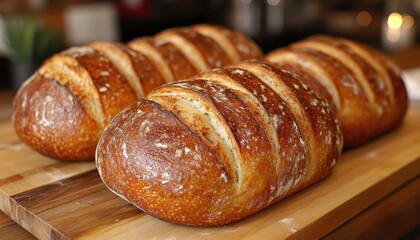 Artisan sourdough loaves sit on a wooden board, golden brown crust. Use to illustrate baking, food, or artisanal bread making concepts.