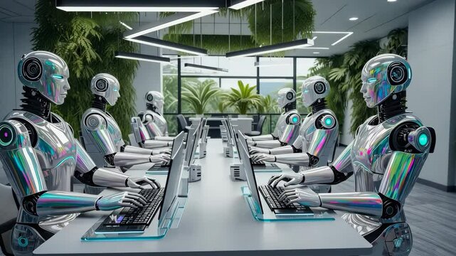 Futuristic robots seated at modern desks in a high-tech office environment, engaged in digital tasks, showcasing advanced technology and innovation in a collaborative workspace. Generative 4k video.