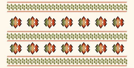 Decorative geometric border. Features symmetrical, repeating motifs in earthy tones of green, orange, and brown. Ideal for folk art or ethnic design elements.