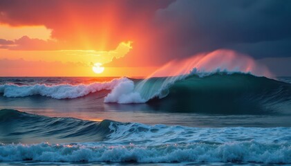 Obraz premium Dramatic dawn panorama, huge rolling waves against fiery sky, sky, view