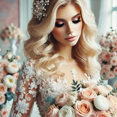 Fototapeta premium Beautiful bride with red roses, Wedding concept
