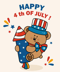 4th of july happy independence day with teddy bear wear uncle sam hat on rocket kawaii animal patriotic dress flat illustration