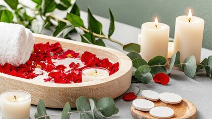 A serene spa setting with a bathtub filled with rose petals, candles, and eucalyptus leaves, wellness and relaxation,