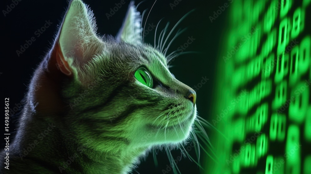 Aufkleber cyber feline fixated on green binary pattern in futuristic digital environment