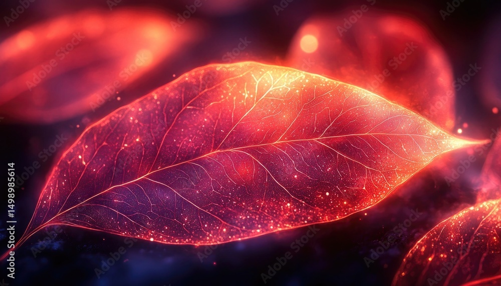 Aufkleber close-up of glowing red leaf with visible veins and sparkling particles. use as a background or to r