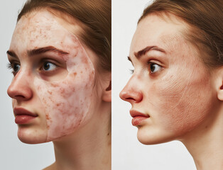 visual collage illustrating the development and application of artificial skin, including scientific and medical aesthetic with a clear "before and after" comparison